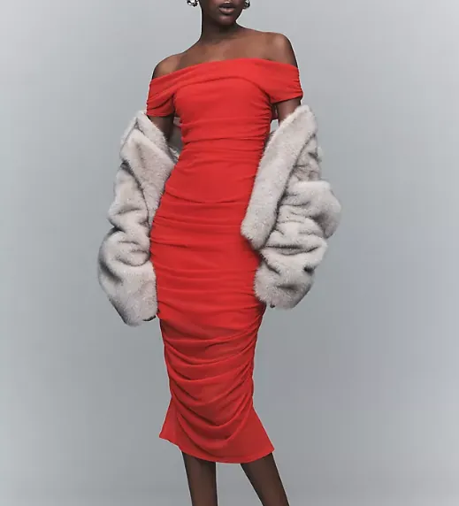 Off Shoulder Mesh Slim Midi Dress
